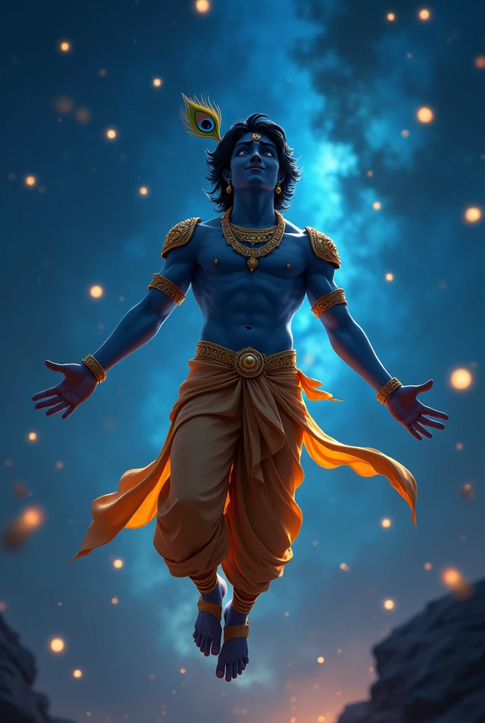 cool cinematic animated character art, dark silhouette of a young handsome man dressed as lord krishna floating in air, strong physique, golden armour, open arms, blue coloured skin, a peacock feather in hair, blissful expression, 'glowing eyes' , wearing yellow dhoti, galaxy, night, glowing fireflies in atmosphere, darkness in atmosphere, colour graded, vibrant, 4khd