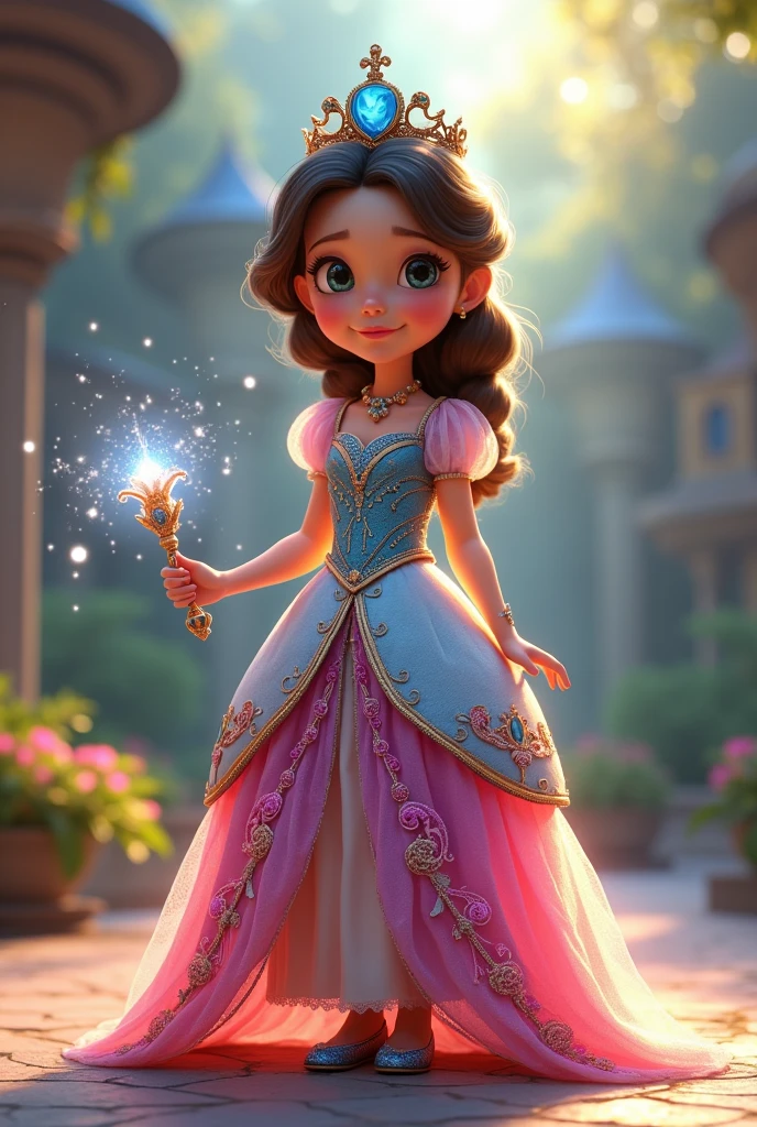 A child princess with a blue crown and a wand wearing a colorful Disney Pixar dress
