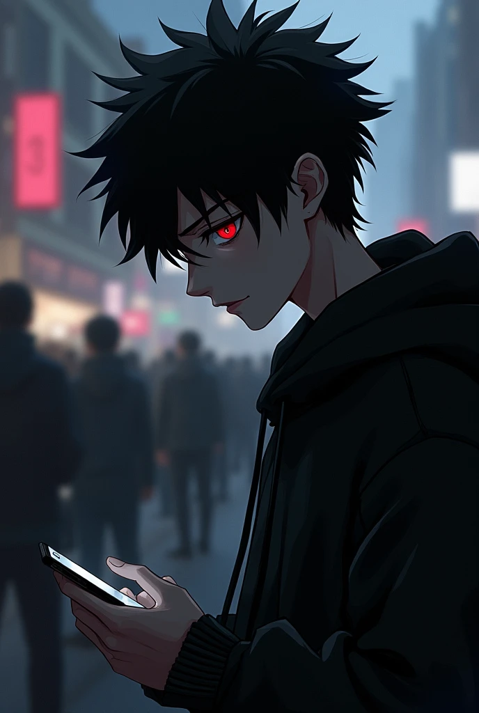 boy , Spiky hair , black hair , black hoodie , blood red eyes , narrowed eye , side view , using phone , crowd background