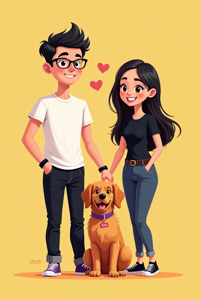 I want to create a happy couple with a golden retriever dog like a cute cartoon. The physical details of the boy are a skinny boy., high, with glasses and pronounced eyebrows who always wears a black watch. He usually dresses in black jeans and a white short-sleeved shirt. He has his hair well combed. The physical details of the girl are a girl with long, straight hair without waves. , slim body pretty, She has almond-shaped eyes. The clothes she almost always wears are a black top and jeans. The dog is a golden retriever, very lively and happy with a purple collar and a red tag that says Luna.