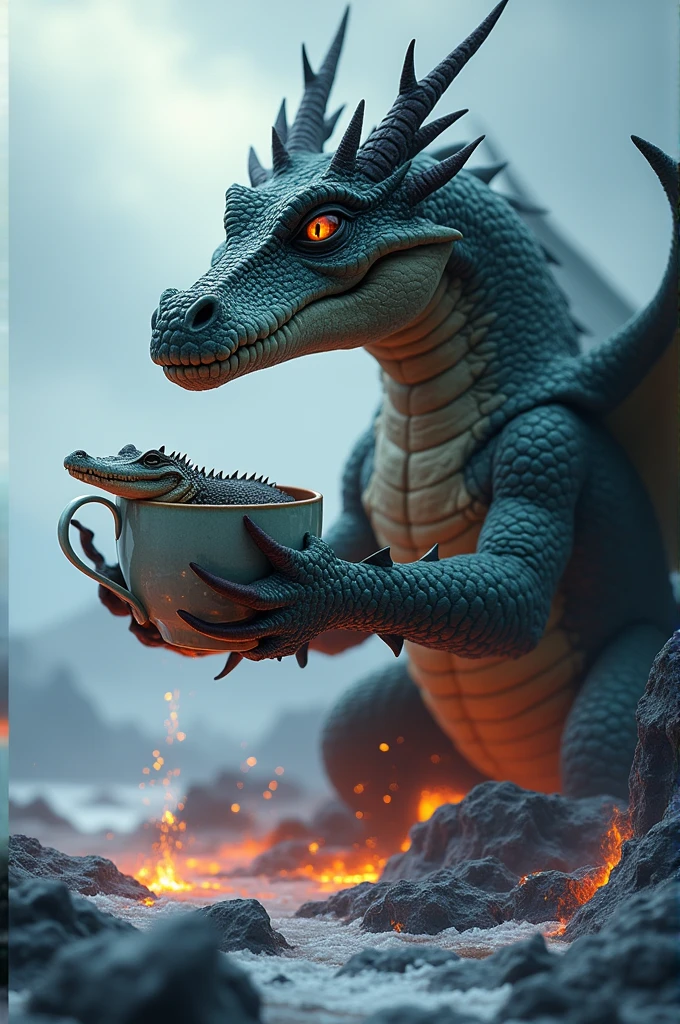 Crocodile swimming in coffee mug which is in hands of a dragon on top of lava in Antarctica