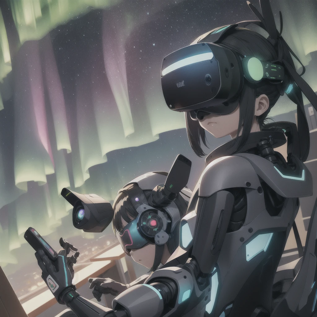 Elementary school students using VR goggles、Watching the Aurora。
Next to him, a robot is doing his summer vacation homework.。