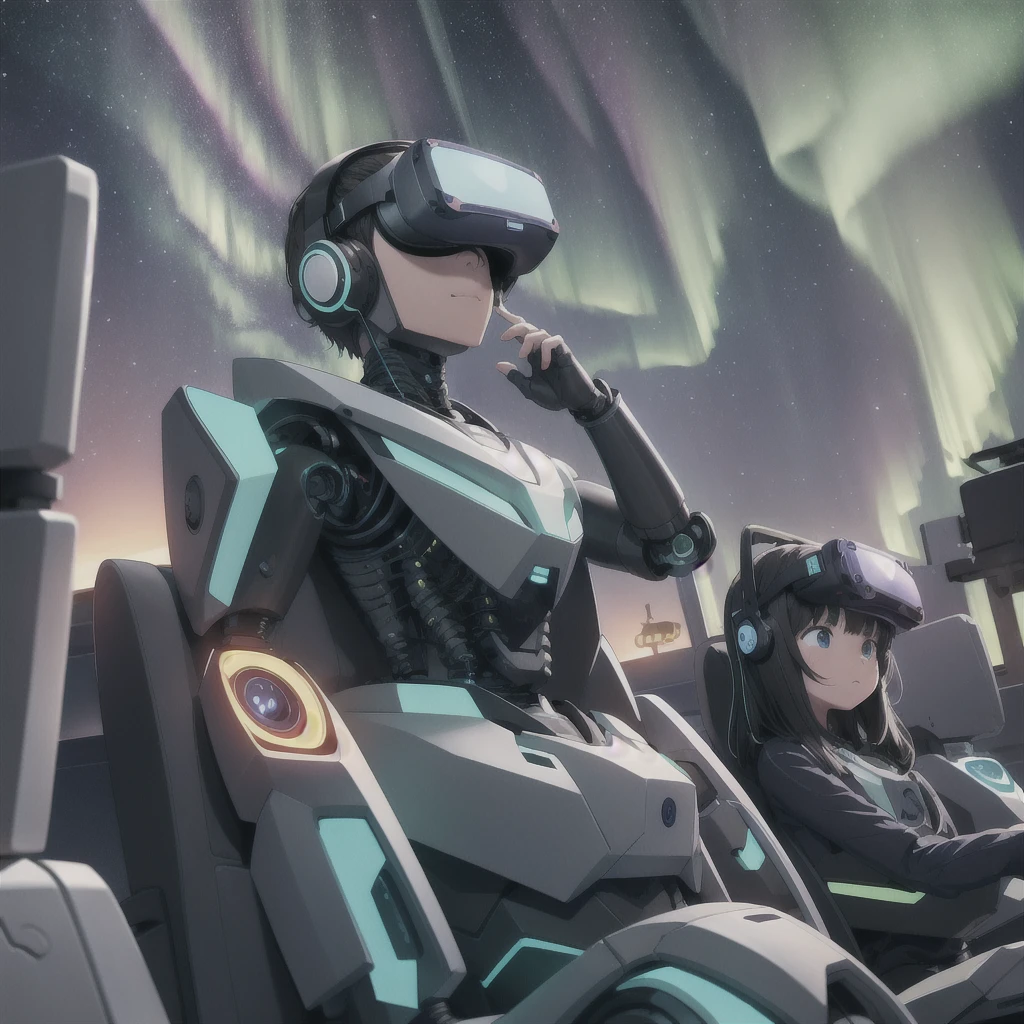 Elementary school students using VR goggles、Watching the Aurora。
Next to him, a robot is doing his summer vacation homework.。