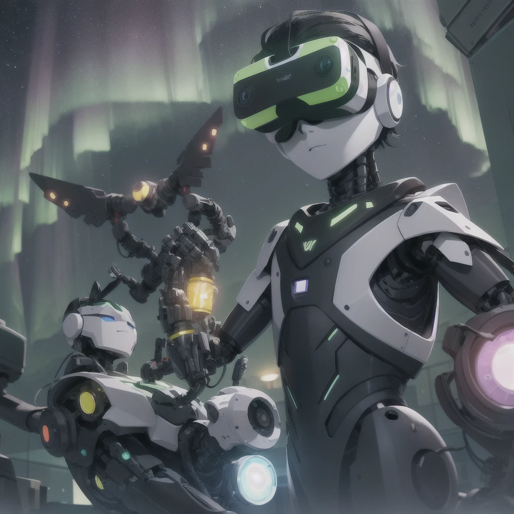 using VR goggles、Watching the Aurora。
Next to him, a robot is doing his summer vacation homework.。