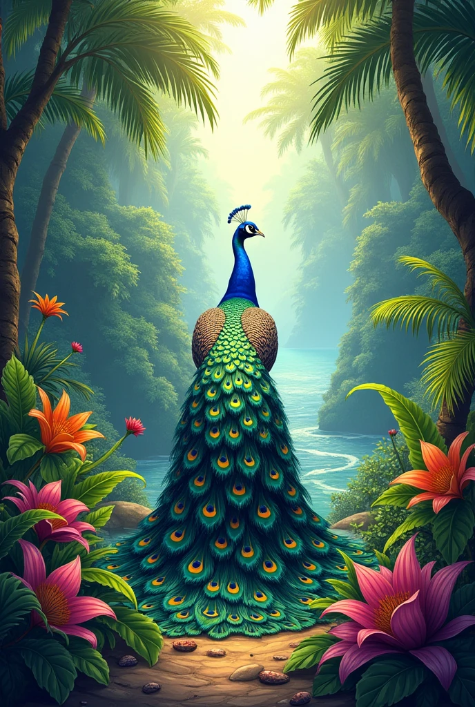 A double-page spread illustration of Peacock strutting forward, his
tail feathers fanned out in a dazzling display of colour and beauty. In a colourful jungle