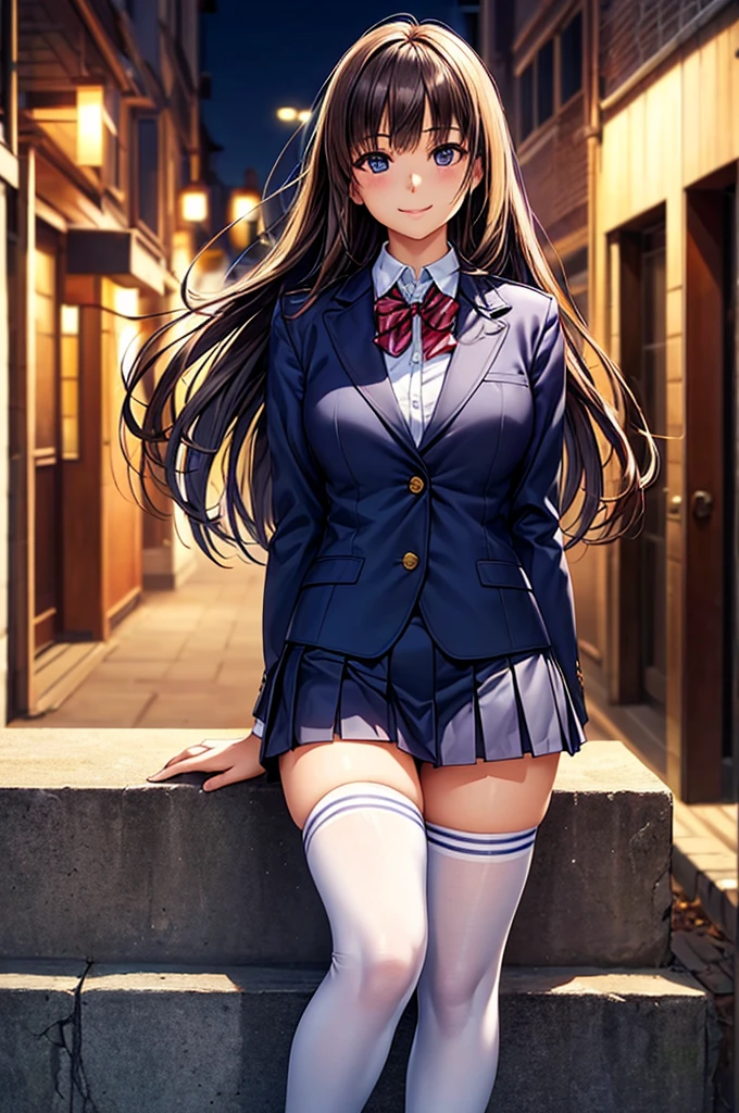 ((Highest quality)), ((masterpiece)), (High resolution), 8K, Best Shadow, The best natural light, Cinematic, High school girl climbing the stairs、15 years old, (Black Hair)、Recall, Shy、(Navy Blazer)、(Navy Check Skirt)、(Dark blue socks)、((Rear View))、Angle from directly below the rear, ((View from directly below))、Dark blue socksのクローズアップ、Manga panel layout、Manga style、Manga Design、Station stairs、On the way to school, Skirt fluttering in the wind, Stylish white panties hidden under a skirt, Slender body,Beautiful thighs, Embarrassed expression,((Straight long hair)),((Perfect human hand:1.3)),Sweat:1.1,(alone),