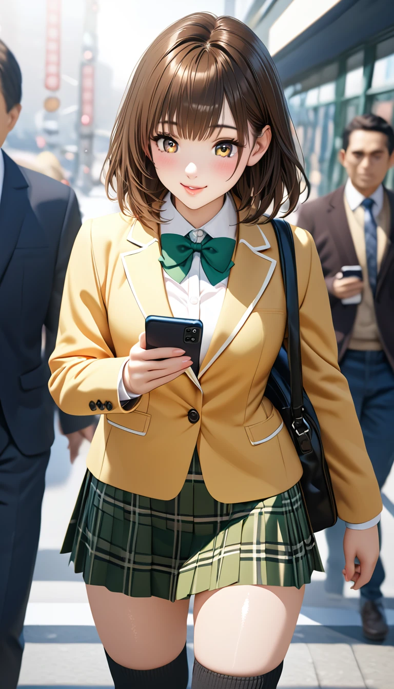 (masterpiece,ultra-detailed,best quality,8K,CG,realistic,illustration:1.2),(perfect-composition,detailed beautiful face,Clean skin,photographical skin,shiny skin,shiny hair, photographical hair,ultra detailed eyes,shaved,kawaii,uncensored:1.1),smile,medium hair, 1girl, solo, brown hair, brown eyes,winter school uniform, green bowtie, white shirt, yellow blazer, buttoned blazer,plaid skirt, green skirt,thigh socks,from front,smile,blushing,walking ,having a smartphone,cowboy shot,school commute ,glossy lips