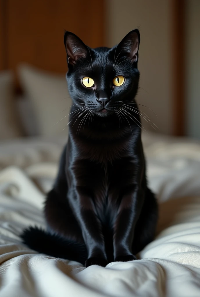 (photorealism:1.2),Black Cat, sitting on bed