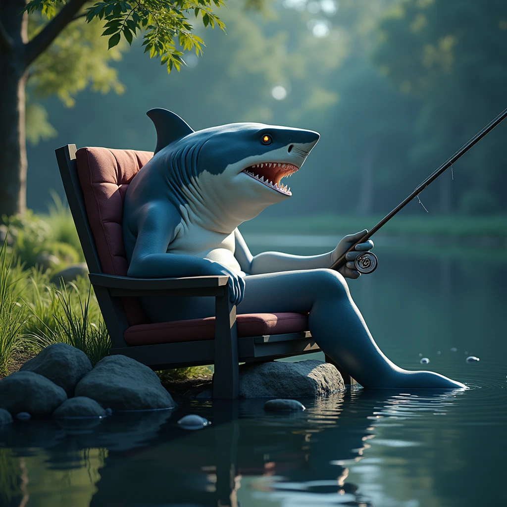 a shark sitting on a relaxing chair at the edge of a pond, fishing with a fishing rod, serene landscape, calm water, detailed shark, highly detailed and realistic, photorealistic, 8k, hyperrealistic, dramatic lighting, vibrant colors, cinematic composition, dynamic pose, beautiful scenery