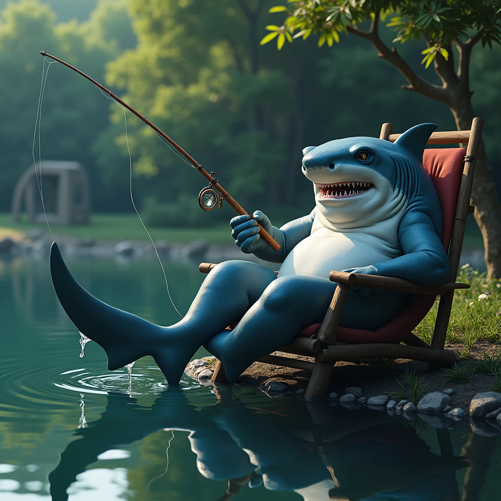 a shark sitting on a relaxing chair at the edge of a pond, fishing with a fishing rod, serene landscape, calm water, detailed shark, highly detailed and realistic, photorealistic, 8k, hyperrealistic, dramatic lighting, vibrant colors, cinematic composition, dynamic pose, beautiful scenery