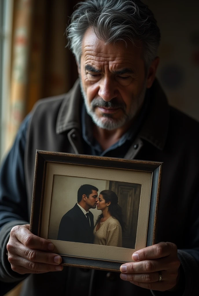 A framed photograph of a couple, with a person who is no longer here. Ricardo Arjona holds the photo, showing an expression of sadness and longing.