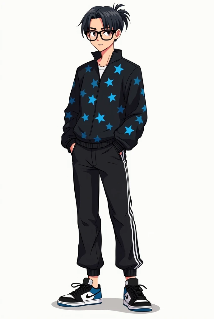 A young white adult(naughty man) de 1,60 at 1, with short ponytail hair, wears black glasses, wears a black blouse with a blue star print, His pants are black with white stripes on the vertical sides and he wears black and white Jordans.