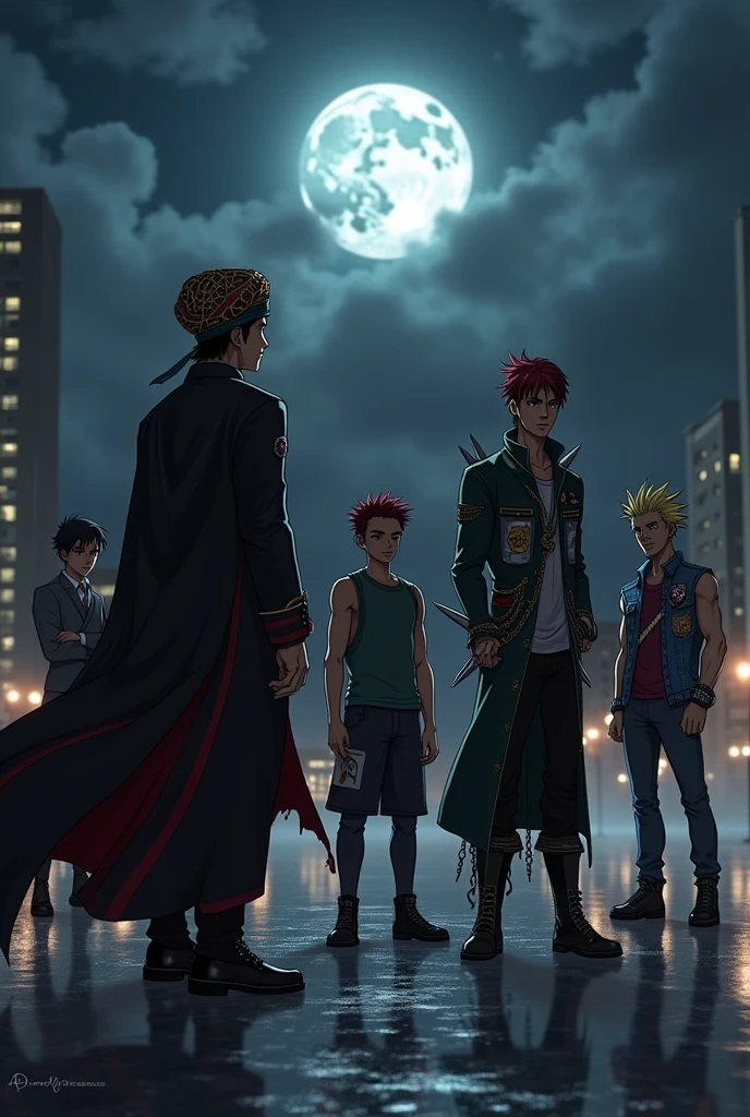 Make an image for me with this description:
In the style of Jojo Bizarre Adventure ---

**Scenario:**
- **Location:** The six characters are gathered in the center of Brasilia, specifically on the Esplanade of Ministries, at night. The sky is cloudy, with a full moon partially covered by clouds, creating a dark and tense atmosphere. The lights of the buildings in the background shine, reflecting on the ground wet from recent rain.
- **enviroment:** There is a light fog covering the ground, adding a touch of mystery. The concrete floor of the Esplanade is shiny and reflects the silhouettes of the characters. Ao fundo, you can see the iconic buildings of Brasilia, such as the National Congress and the Metropolitan Cathedral, shrouded in shadows.

**Personagens:**
1. **Kelvin (inspired by Avdol):**
   - **vestimentas:** A long black cloak with red details that flow in the wind. He wears a stylized turban with geometric patterns in gold.. Kelvin has his arms crossed, in an imposing and stable posture.
   - **expression:** serious and focused gaze, with eyes that shine with determination. Your presence conveys strength and wisdom.

2. **Michael (inspired by Kakyoin):**
   - **vestimentas:** Michael usa um uniforme escolar estilizado, with a dark green coat reminiscent of a typical Japanese uniform, mas com um toque moderno, like metal zippers and gold buttons. Her red hair is slicked back, with some strands falling over the face. He also wears sunglasses, that reflect the lights around.
   - **expression:** A slight confident smile, with one hand raised to face level, pronta para agir.

3. **Vilmar (inspired by Polnareff):**
   - **vestimentas:** Vilmar wears a sleeveless denim jacket, full of band patches and rebel symbols, besides spikes on the shoulders. Her blonde hair is spiked up in a flashy style.. He wears black leather pants and heavy boots., with a silver chain hanging from his waist.
   - **expression:** A fearless smile,