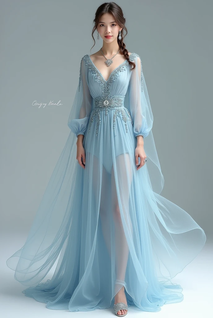 A long flowing dress, the fabric should be light and comfortable, such as silk or chiffon, to give the outfit a gentle and graceful movement. A sweet or V-neck that is not too low adds elegance and neatness while looking gentle and not too flashy. Long or three-quarter sleeves make it look polite and appropriate for formal events, adding elegance and a sense of lightness. This outfit is available in light blue or silver, reflecting the peace and purity of water. Add luxury by decorating with crystals or small sequins that make the outfit sparkle when hit by the light. Intricate embroidery of water droplets or water waves around the collar, sleeves, or hem adds sophistication and uniqueness to the outfit. Choose a necklace with a water drop pendant, or a necklace with a water wave pendant that complements the outfit and earrings adorned with blue or silver crystals to add luxury and complete the look. Bracelets or rings with intricate designs and adorned with blue or silver gemstones add elegance while maintaining grace and gentleness. Silver or light blue high heels.: High heels that complement the outfit, such as silver or light blue, with a simple and elegant design, suitable for walking at formal events. A shawl made of sheer chiffon fabric in a color that complements the outfit, such as light blue or silver, to add softness and elegance while making the outfit look more perfect.