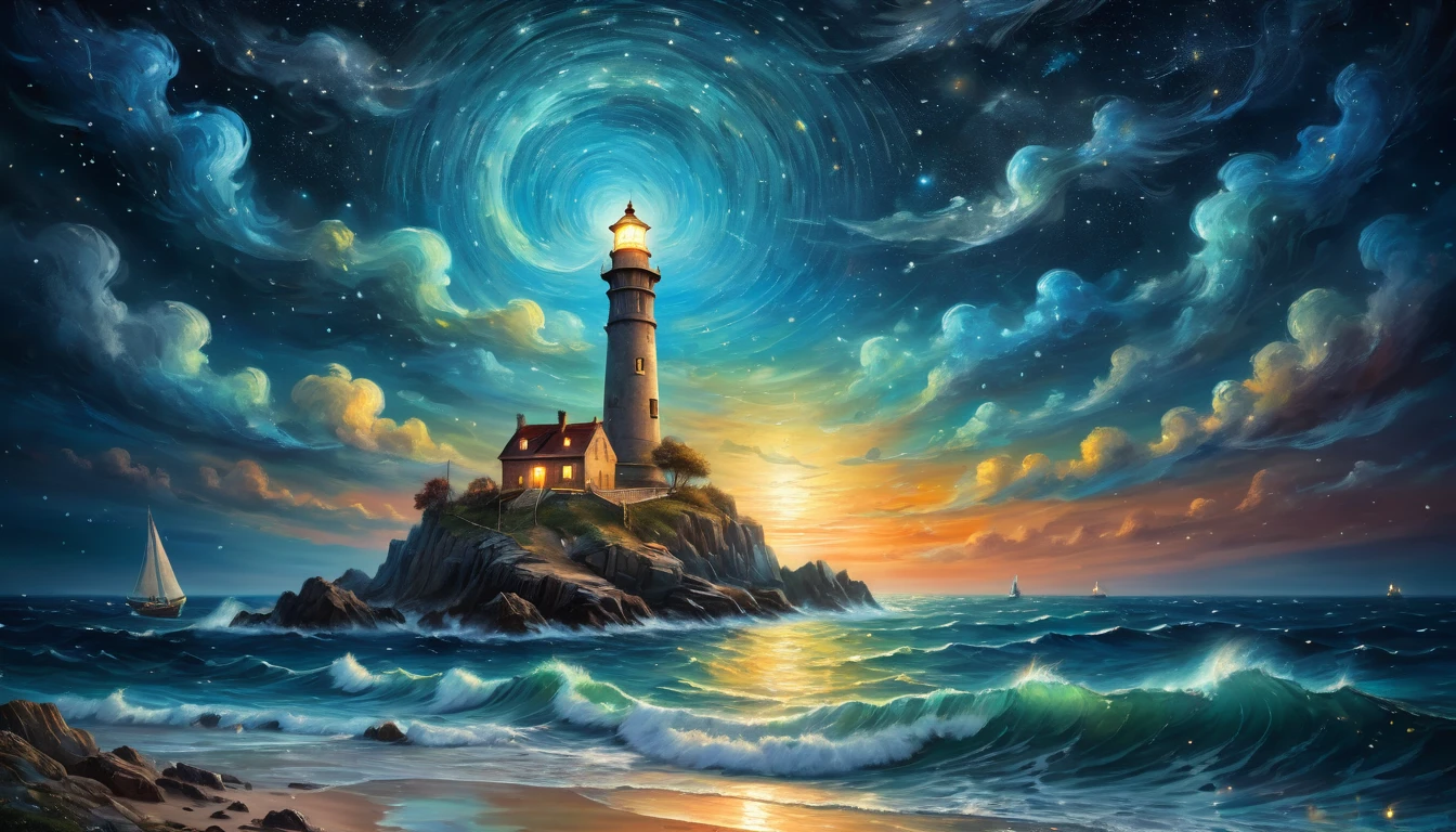 a nocturnal seascape with a lighthouse illuminating a Starry Sky where constellations come to life as Mythical Animals, (Magical Realism:1.5), (Surrealism:1.4), Vivid contrasting colors, (Lighting Effects:1.5), (Starry Sky:1.3), (Mythical Animals:1.4), Artwork Inspired by Vincent Van Gogh, Ivan Aivazovsky, (Josephine Wall:1.2), Popular on deviantart, high resolution, Mysterious and charming atmosphere, (Fantastic quality:1.4)