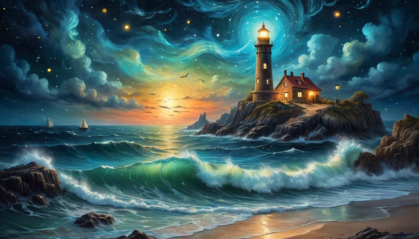 a nocturnal seascape with a lighthouse illuminating a Starry Sky where constellations come to life as Mythical Animals, (Magical Realism:1.5), (Surrealism:1.4), Vivid contrasting colors, (Lighting Effects:1.5), (Starry Sky:1.3), (Mythical Animals:1.4), Artwork Inspired by Vincent Van Gogh, Ivan Aivazovsky, (Josephine Wall:1.2), Popular on deviantart, high resolution, Mysterious and charming atmosphere, (Fantastic quality:1.4)