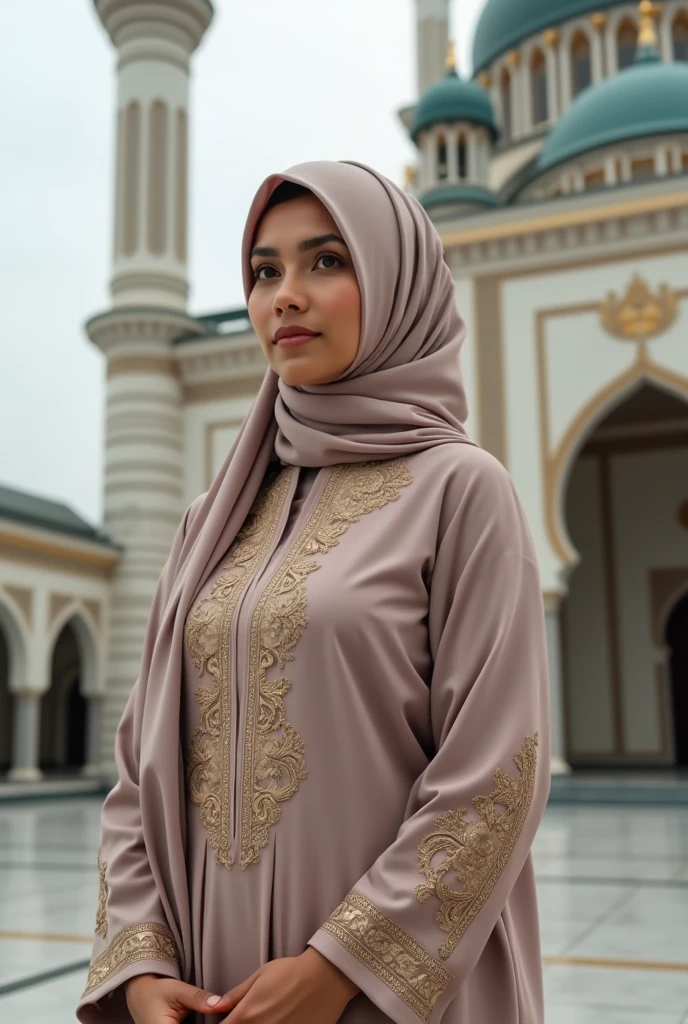 full body photo of a beautiful sundanese mature woman, 4, white skin, wearing hijab, wearing muslim clothes, Background mosque