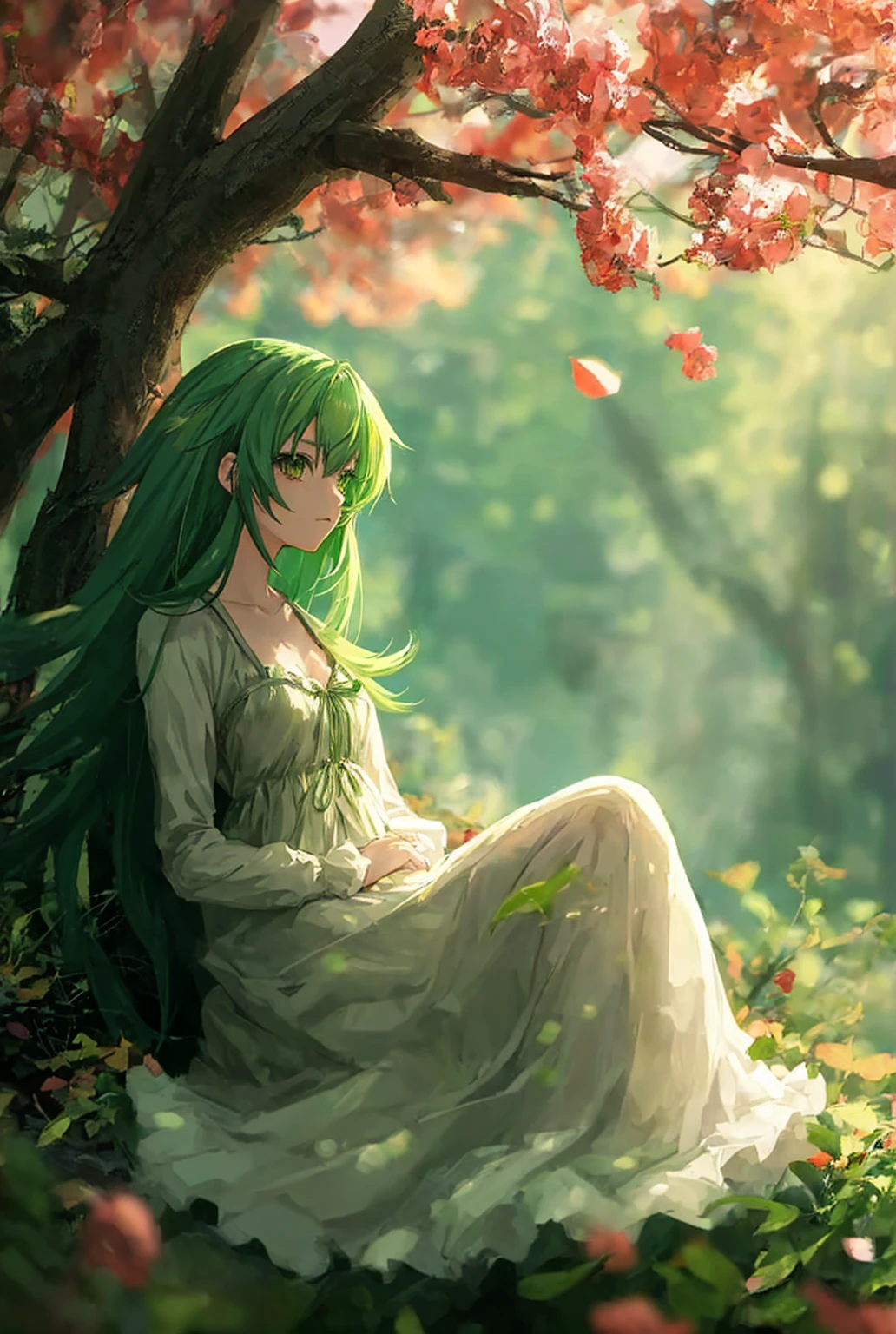Anime girl with Green hairs, background blur
