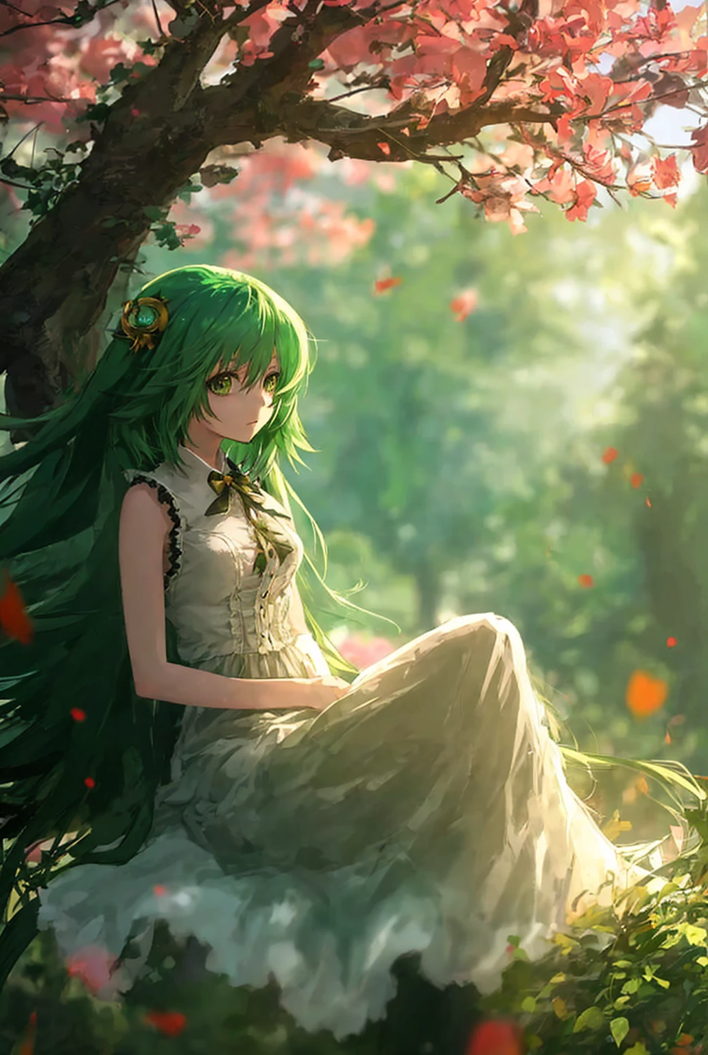 Anime girl with Green hairs, background blur