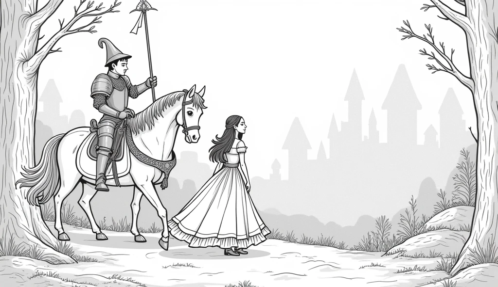Classic fairy tale scenes in line art, including castles, princesses, dragons, fairies, and knights. The illustrations should capture the magic and wonder of stories like 'Cinderella,' 'Beauty and the Beast,' and 'Jack and the Beanstalk