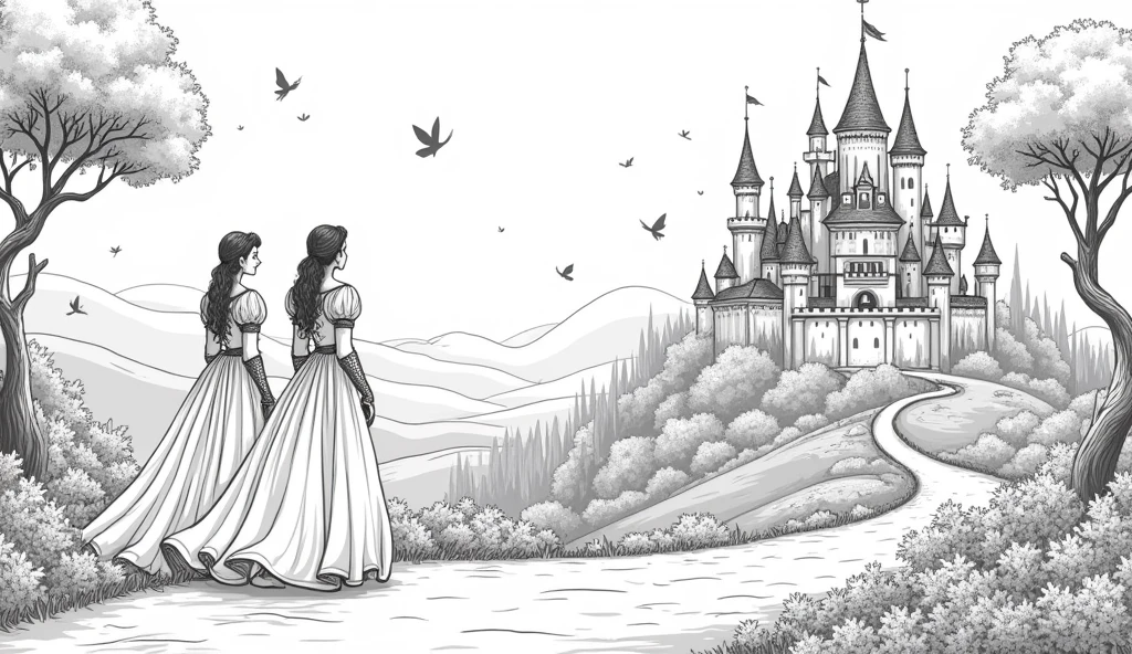 Classic fairy tale scenes in line art, including castles, princesses, dragons, fairies, and knights. The illustrations should capture the magic and wonder of stories like 'Cinderella,' 'Beauty and the Beast,' and 'Jack and the Beanstalk