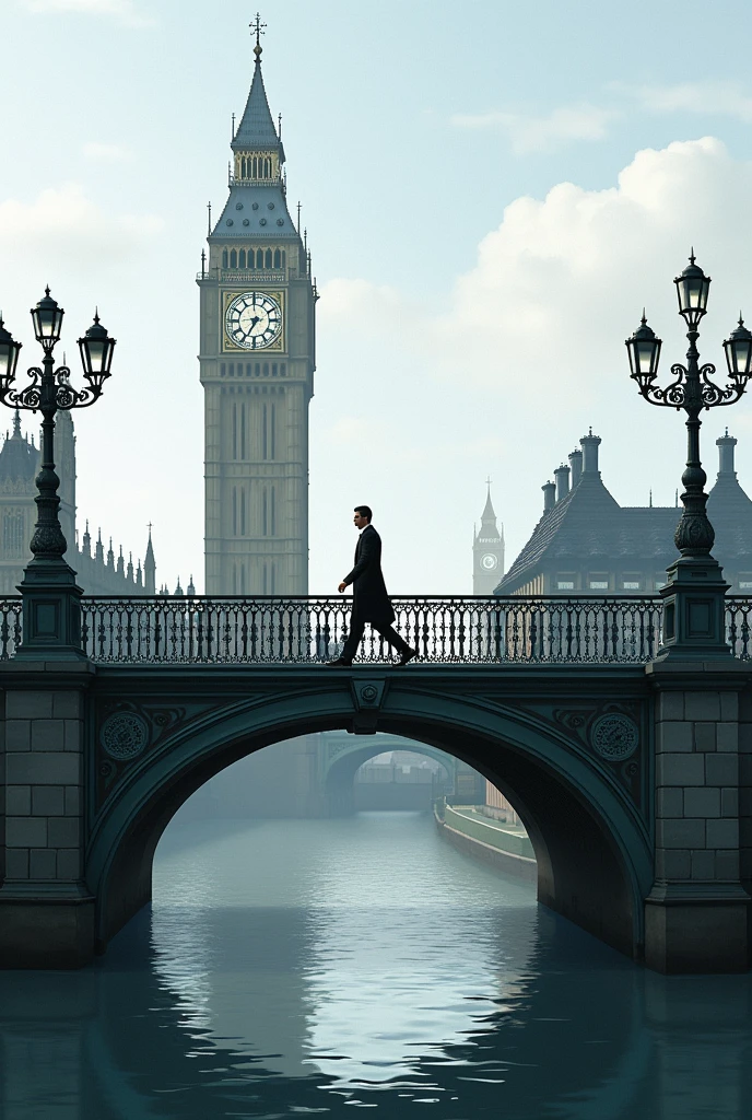 A man walking on the bridge overlooking a clock