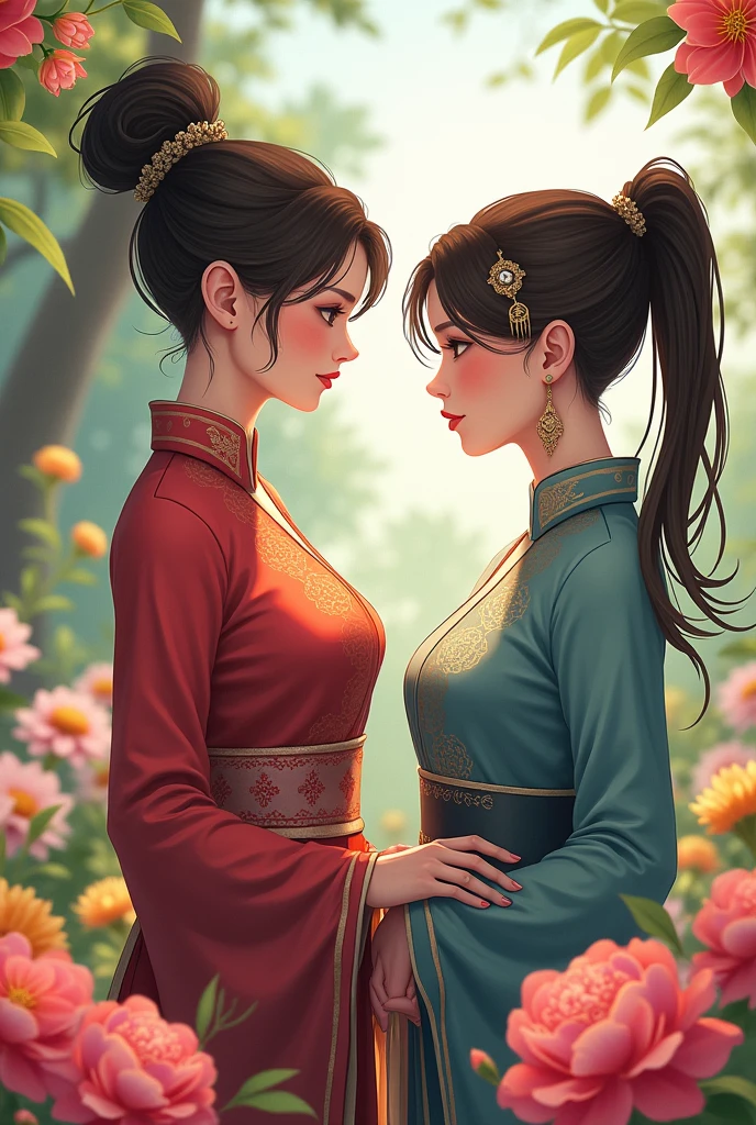 1; The Councilor's hair was tied up high, while hers was in a ponytail.. Ngắn, and pretty roof For the style to see her arrogant but only loving look to her,
Nàng thì ngây thơ vui tươi, but not without seriousness.
The scene is in the flower garden of the council house. Pure Vietnamese wearing Ao Ba Ba and Ao Dai.