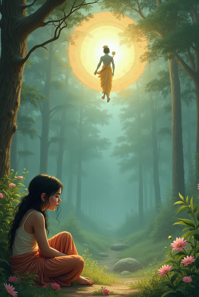 A lonely girl is sitting ver upset turning her back and lord krishna is there for her which she don’t know