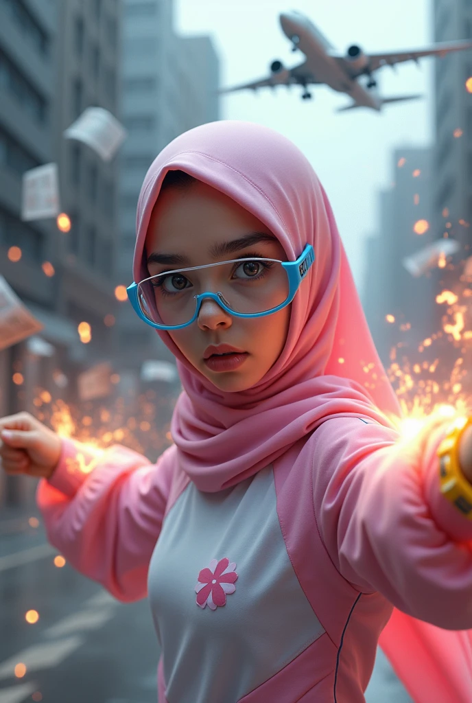 Malaysia women a realistic masterpiece. Human .wear pint watch.. 1girl wearing a hijab, detailed beautiful face, Hijab Muslim. Wear long sleeve modern desigh design pink white mix futuristic. anger face, minimalist flower on shirt. Enger face. Open mouth. Glowing power pink. . Wear pink white.small Safety Pink yellow glasses google spectacle top of the head rubber band. . Flying position. Fast fly. Panning effect Photography . Jump on and have a super strong power.glowing power panning effect light. punch flying beside big aeroplane . Fight pose. Bokeh background. fist front.. At the city. Bad waether. , detailed lips, long eyelashes. Hero, modest expression, delicate facial features, natural skin tones, , detailed folds and textures of hijab, natural lighting, high quality, photorealistic, 8k, best quality. Malaysia girl. Floating newspaper). Running effect. Glowing yellow power.flying fast effect. Wear blue big glasses big frame. Braces teeth. Boleh background. Panning effect.pink high tech watch. flying high on sky.