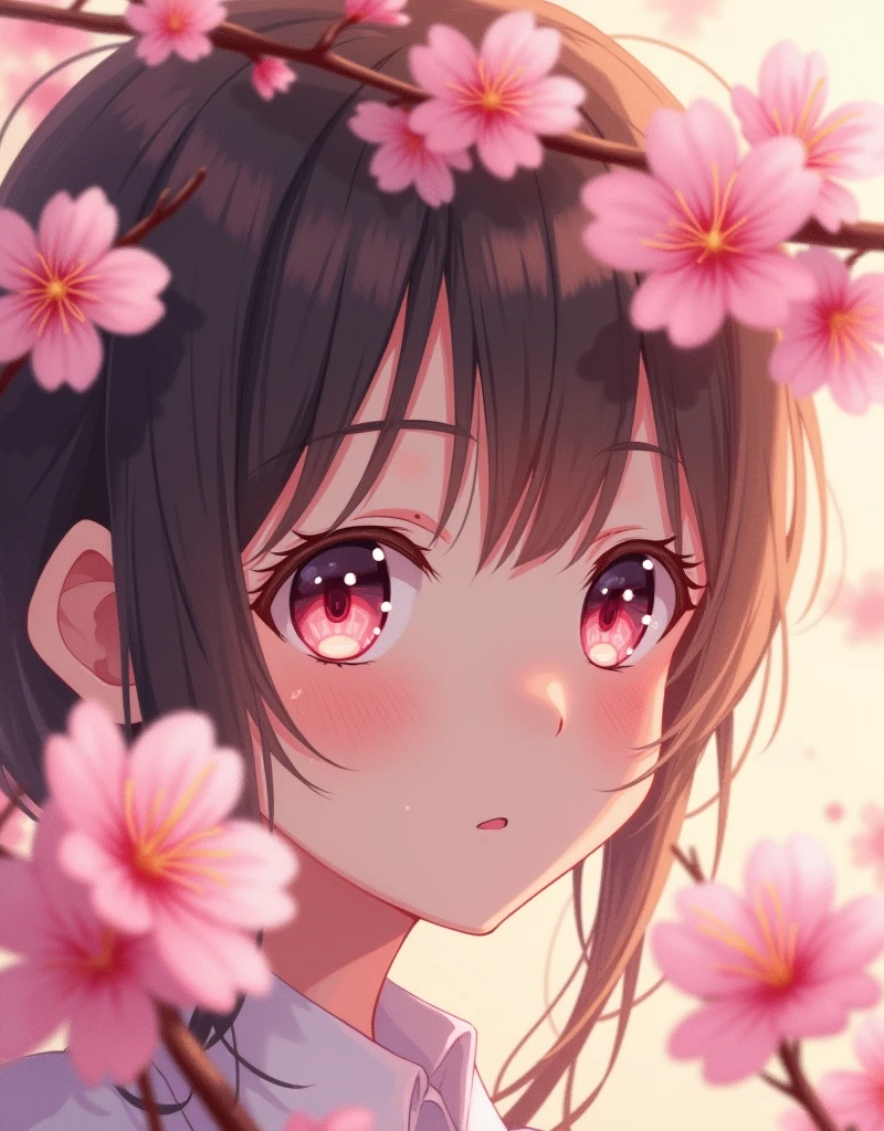 A ethereal and delicate anime-style portrait of a young girl's face partially obscured by vibrant cherry blossoms, rendered in a soft, dreamy aesthetic. The illustration features hyper-detailed eyes with reflective qualities, capturing a sense of innocence and wonder. Wispy strands of hair frame the face, blending seamlessly with the surrounding flora. The color palette is dominated by various shades of pink and peach, creating a harmonious and romantic atmosphere. Flowers are meticulously drawn with translucent petals, showcasing intricate details and a gossamer-like quality. Lighting is soft and diffused, evoking a springtime glow that enhances the overall warmth of the piece. The composition is intimate and close-up, with the blossoms strategically placed to create depth and frame the subject's gaze. Brush strokes are delicate and precise, achieving a balance between realism and stylized anime aesthetics. The background fades into a soft bokeh effect, further emphasizing the dreamlike quality of the image. This illustration embodies the essence of youth, beauty, and the ephemeral nature of spring, captured in a style that blends traditional anime art with contemporary digital painting techniques.