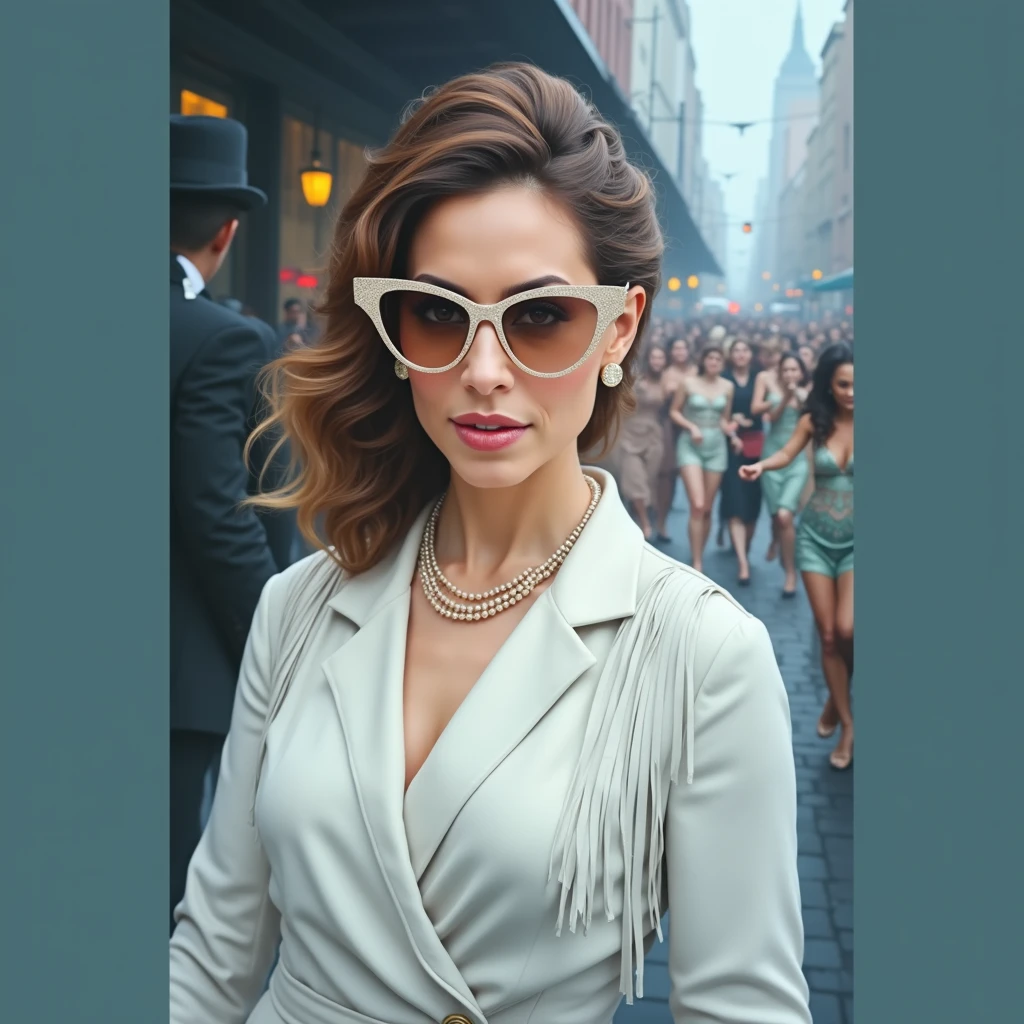 Amidst the busy streets of New York in the 1920s, a vibrant scene unfolds: jazz music floating in the air,Kamala Harris, Michele Obama, dancing with abandon, e Joe Biden, Donald Trump, Barack Obama taking off his hats. A imagem, A beautifully rendered painting, captures the essence of the golden twenties with impeccable detail. Each figure is meticulously represented, from the glide of fringed dresses to the sparkle of pearl necklaces. The artist's skill is evident in the rich colors and dynamic composition, transporting viewers back to a glittering era of decadence and charm.