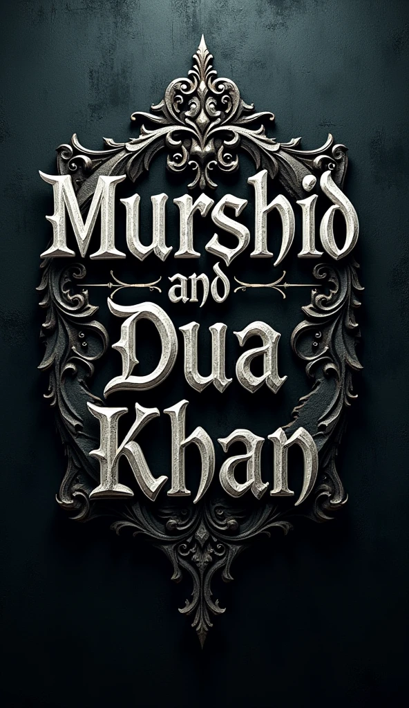 "Create an 8K resolution poster featuring the names 'Murshid and Dua Khan' in a Gothic-style font. The text should have elaborate, sharp edges and intricate detailing typical of Gothic typography, with a dark, medieval aesthetic. The background should be dark and moody, incorporating subtle textures like stone or metal to enhance the Gothic vibe. Ensure the names are clearly legible, and the overall design should evoke a sense of mystery and intensity."

