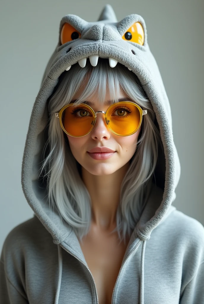 a beautiful woman with grey hair and wearing a grey t-rex hoodie  hat ,put in yellow oakley glasses 3d render
