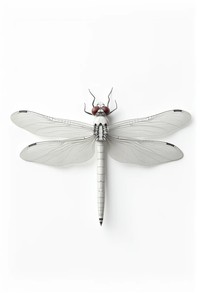 A 3D render of a large, majestic, and detailed dragonfly with black outlines only. The dragonfly is white and is forward-facing, looking directly at the camera at an angle. The dragonfly is placed MID FLIGHT. The background is a CLEAR CLEAN PURE WHITE. The image is designed to fit on a page and remain within the page borders.
