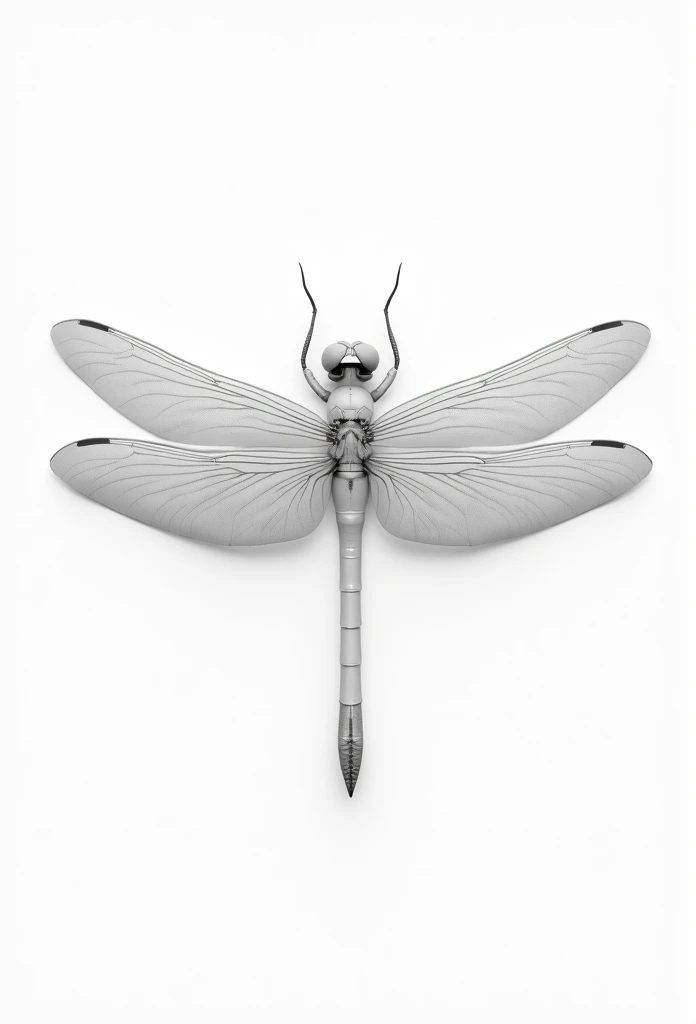 A 3D render of a large, majestic, and detailed dragonfly with black outlines only. The dragonfly is white and is forward-facing, looking directly at the camera at an angle. The dragonfly is placed MID FLIGHT. The background is a CLEAR CLEAN PURE WHITE. The image is designed to fit on a page and remain within the page borders.