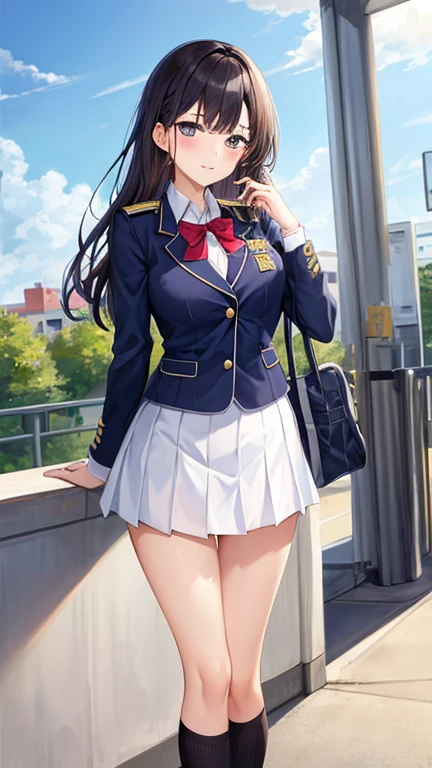 high school girl, Wear a uniform, I'm peeing, To pee, Urine stains, Pee flow, Dirty Skirt, Pee puddle, blush, Open your mouth, Angry expression, Mad, rage, Outdoor, Peeing near the back door of the school, 不用意にTo pee