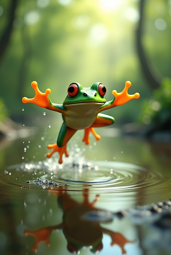 Frog jumping over a puddle