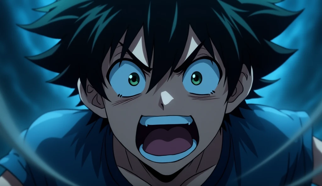 Anime boy, shouted face expression, background dark blue and white hue