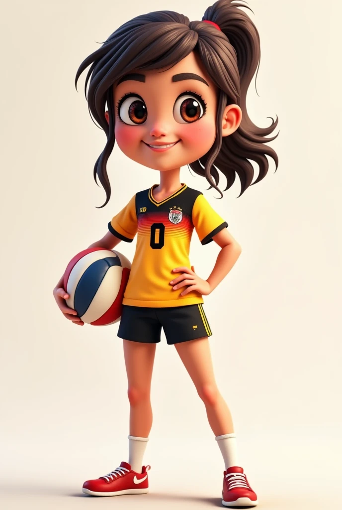 Generates an animated cartoon teenage girl with a volleyball wearing the Germany national team uniform with the Germany flag with the number 0 on the jersey without a background, only the person