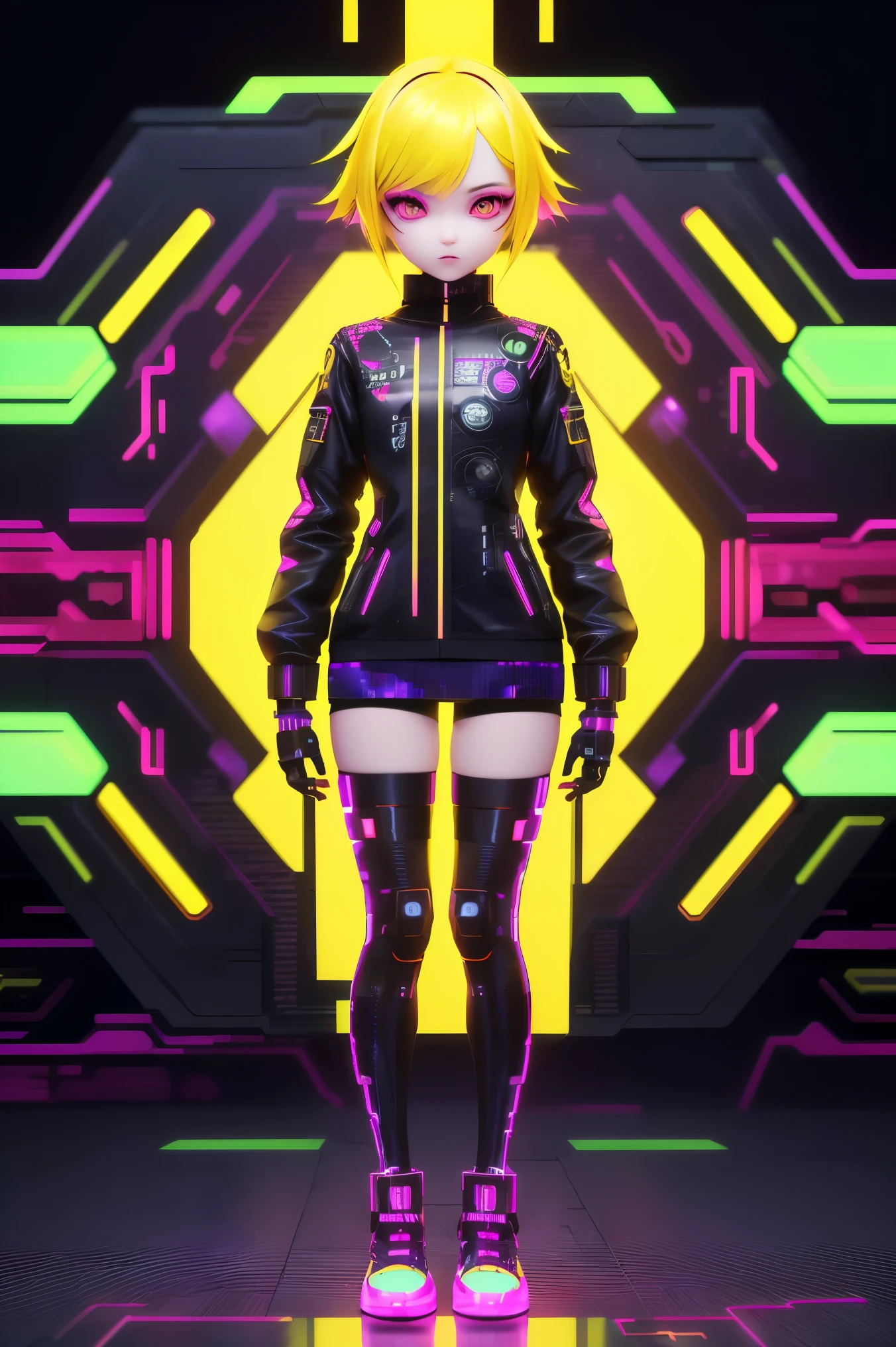 solo, 1girl, full body, (electric yellow hair), (electric pink eyes), ((Cyber punk outfit)), (symmetrical eyes), (Perfect face), (Perfect Anatomy), (looking at viewer), (cyber shot), ((Glitch Art background)), (glitch art:1.3) ((glitch effect)), (8k), (HD), (Cinematography)