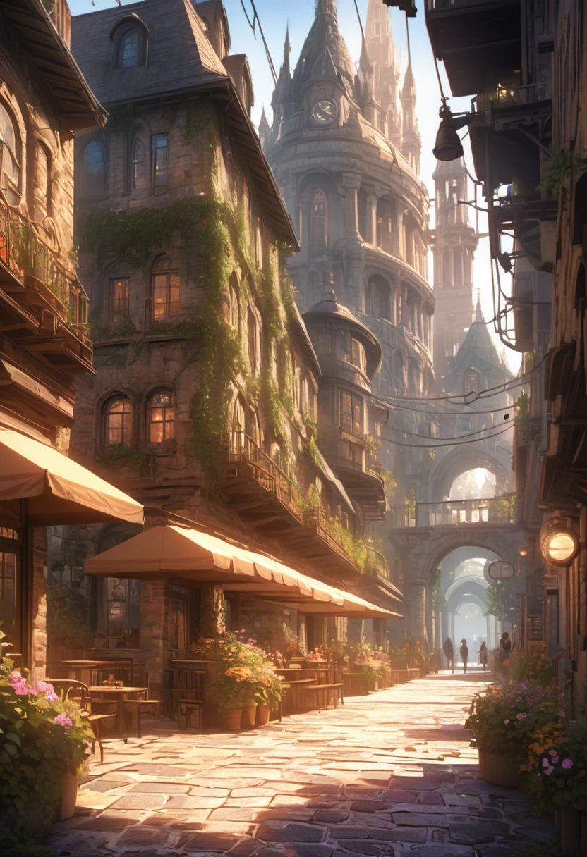 Bustling Station Platform Scene (Summer Morning): "Generate a realistic and stunning station platform landscape, with a blend of architecture and nature. Solarpunk, steampunk, morning light, fog, starry sky, charming clouds, beautiful royal garden plants, flowers, cobblestone pavement, natural stone steps, sunlight shining through dense ancient towering trees on the platform street, and a mysterious (stately) clock tower from the Victorian era. The old stone and wood structure houses and technological lights are particularly charming, reflecting the fusion of cyberpunk and art punk imagery.