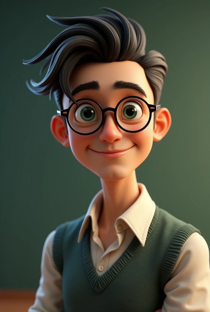 Male teacher with glasses, asian, green eyes, black hair, lean and sharp features with a vintage and rich style as well as light tanned skin, and 5ft 9 And is 2, 3d render 
