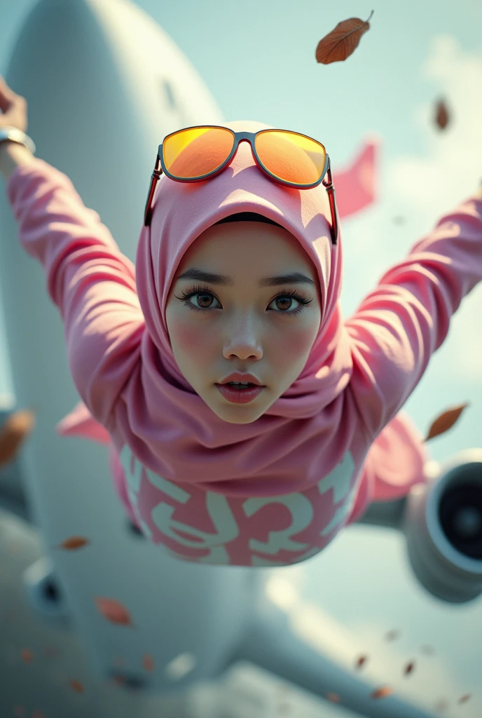 Malaysia women a realistic masterpiece. Human .wear pint watch.. 1girl wearing a hijab, detailed beautiful face, Hijab Muslim. Wear long sleeve moder design pink white pink stripe white. anger face, minimalist flower on shirt. Enger face. Open mouth. Glowing power pink. . Wear pink white.small Safety Pink yellow glasses google spectacle top of the head rubber band. . Flying position. Fast fly. Panning effect Photography . Jump on and have a super strong power.. punch flying beside big aeroplane . Fight pose. Bokeh background. fist front.. At the city. Bad waether. , detailed lips, long eyelashes. Hero, modest expression, delicate facial features, natural skin tones, , detailed folds and textures of hijab, natural lighting, high quality, photorealistic, 8k, best quality. Malaysia girl. Floating small stone and dry leave. ). Running effect. Glowing yellow power. Runfast effect. Wear blue big glasses big frame. Braces teeth. Boleh background. Panning effect.pink high tech watch. flying high on sky.