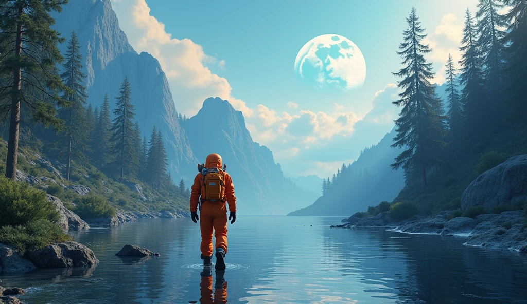 Lago Yamama,There is a moon in the sky, Highly detailed 4k digital art, 4k HD wallpapers are very detailed., stunning fantasy landscape, Sci-fi fantasy wallpaper., Unreal engine 4k wallpaper, Detailed 4K digital art, sci-fi fantasy wallpaper, epic fantasy landscape, 4k high definition digital matte, Stunning 8K artwork. (NASA astronaut in orange suit walks in river with unreal forest) (Astronaut flat figure)