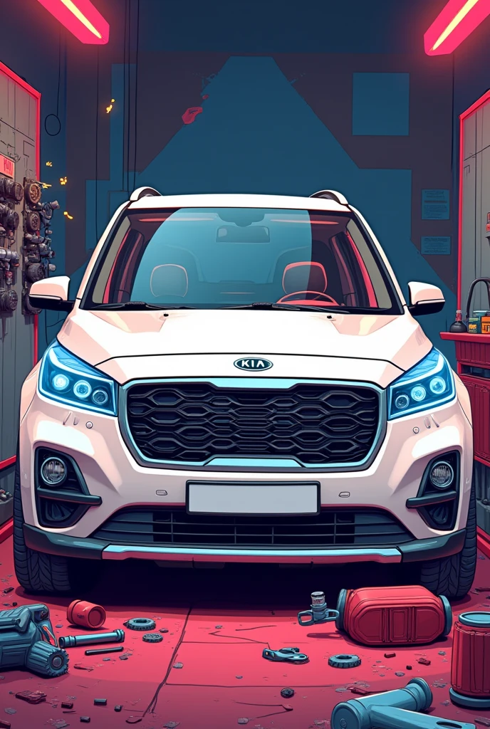 White Kia chopping car in animated form