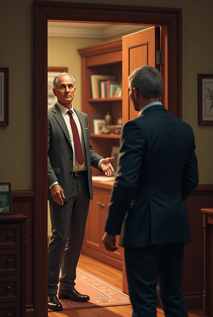 A man opening the door to his office, with an expression of surprise at seeing a man, who holds his bandaged and bloody hand. The atmosphere should be warm and welcoming, in contrast to the visitor&#39;s status.