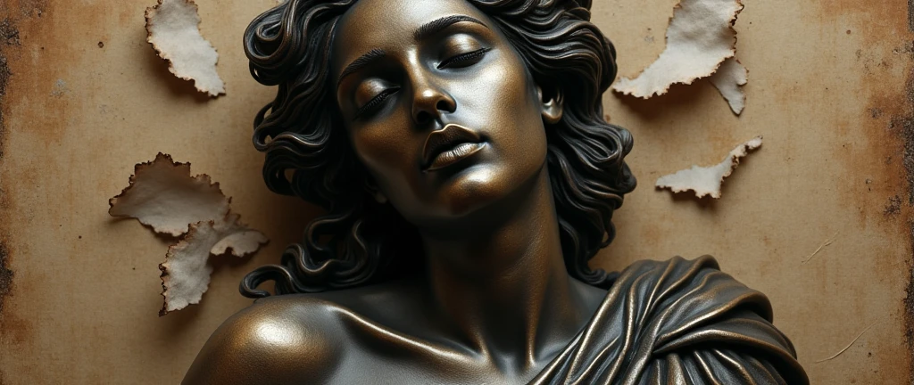 the face of a muse with closed eyes, roman robes, vintage texture background, torn paper, rustic, aged up, very dark, hyperrealistic bronze sculpture