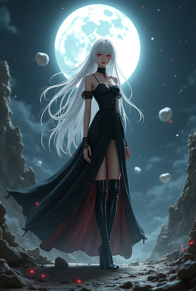 anime Girl with long white hair down to her waist, with small red details, red eyes, long black dress with a leg slit, with red details, long black boots up to below the knees, white skin, the ground around her is cracking and small stones are floating around her surrounded by a black aura, she is surrounded by shadows, and the background is dark like the night with the universe and stars, her presence causes fear, her shadow appears to be a monster, 8k, high quality, full body, (ultra-realistic), {extremely detailed 8k CG unit wallpaper}, expansive landscape photograph, (light: 2.0), (warm light source: 1.5), complex details, (iridescent colors: 1.5), (bright lighting), (atmospheric lighting), surreal, impressive, fantasy, (Solo: 1.2), White moon, (detalles ultra épicos), efecto de muchas aguas, rayos y truenos, caos, naturales, destello, 3D, 8K, fondo de pantalla