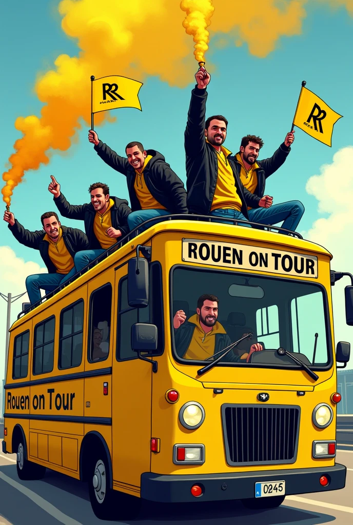 Image cartoons, groupe de supporters homme de style ultras hooligans, dressed in a black and yellow jacket, dans un bus jaune inscrit sur le bus « ROUEN ON TOUR », The supporters are on the roof with yellow and black smoke bombs in their hands and yellow and black "ROUEN" flags in their hands.. Les fenêtres du bus sont cassées, the bus driver gives the finger