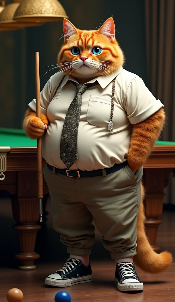 Make a picture of a fat obese orange cat, blue eyes, wear cool clothes, tie, sport shoes, holding a billiard stick, facing the camera, with a billiard table background, full body, wide, super realistic 8k images